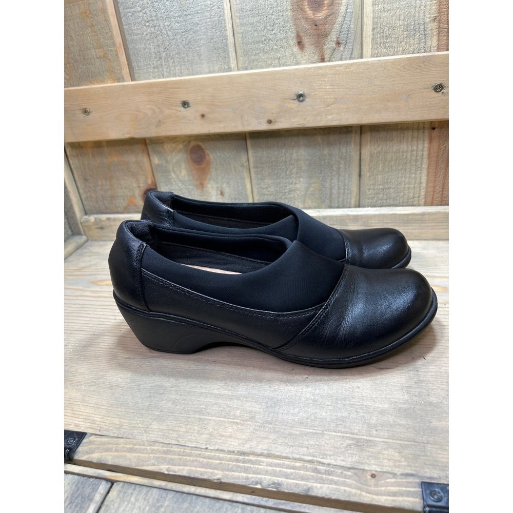 US7.5M Clarks Collection Black Slip On Formal Smart Work Shoes leather